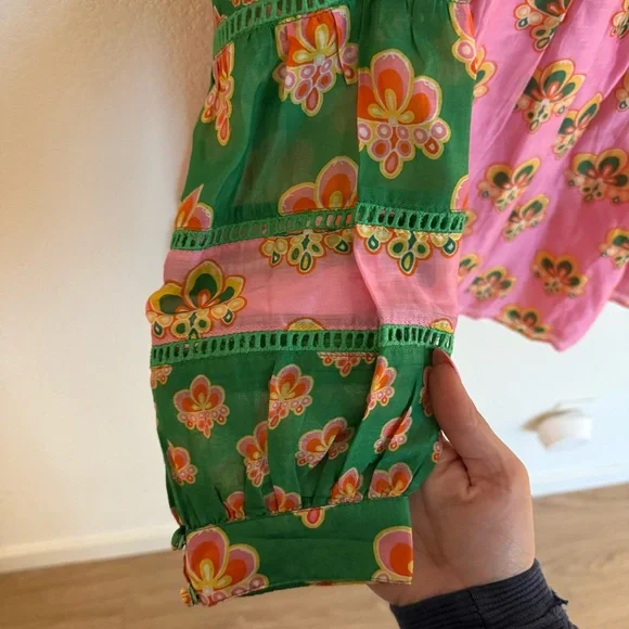 Pink and Green Smocked Blouse with Mandarin Collar - Picture 4 of 4